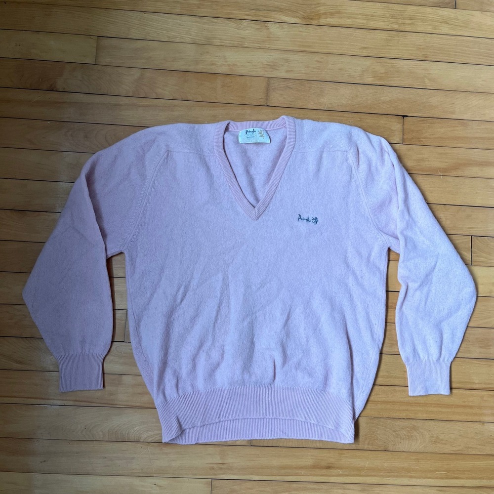 Pringle of Scotland Pink Washable Wool V-Neck Sweater Made in Scotland Mens L